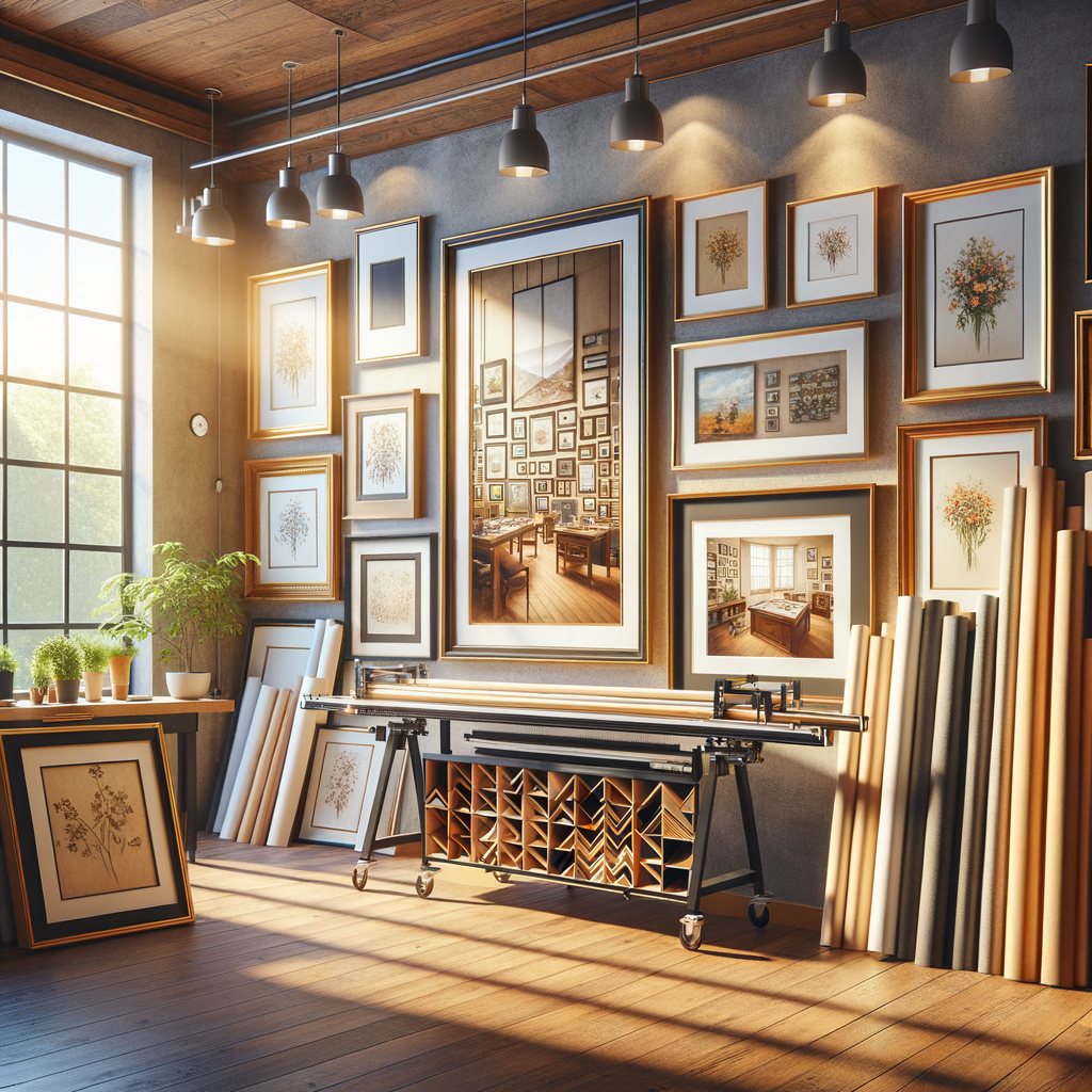 Professional custom picture framing workshop interior with gallery wall display